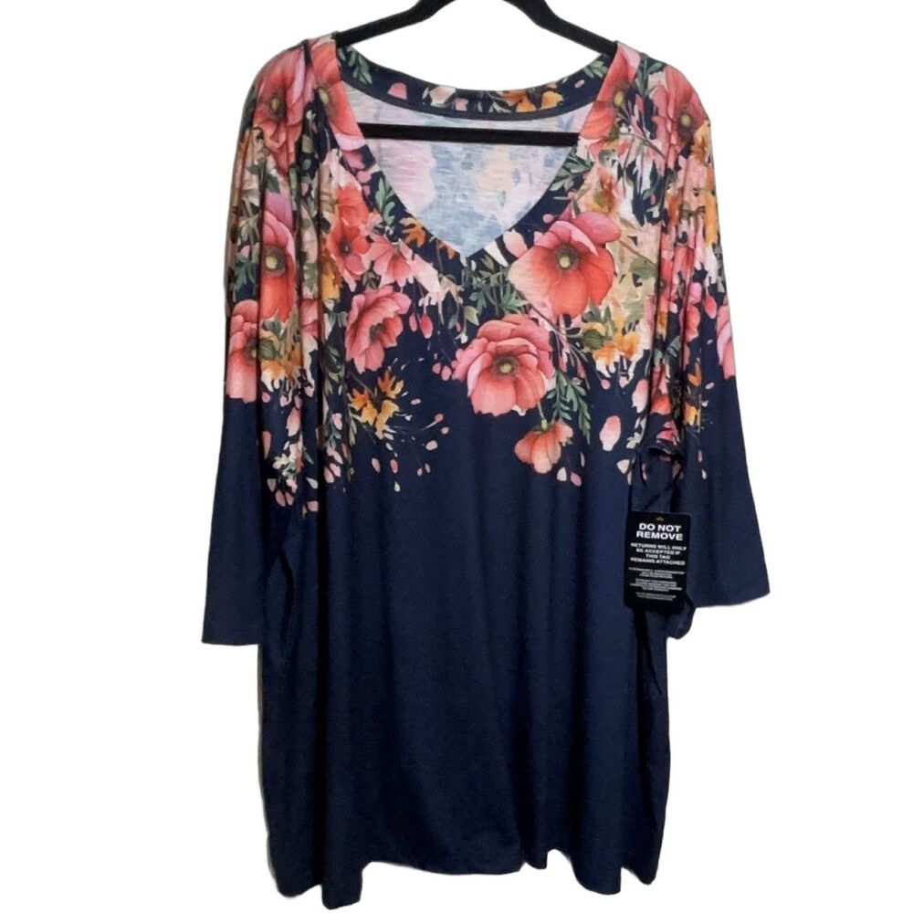 Woman Within Plus 3X Tunic Top V-Neck 3/4 Sleeve Floral Stretch Knit Relaxed